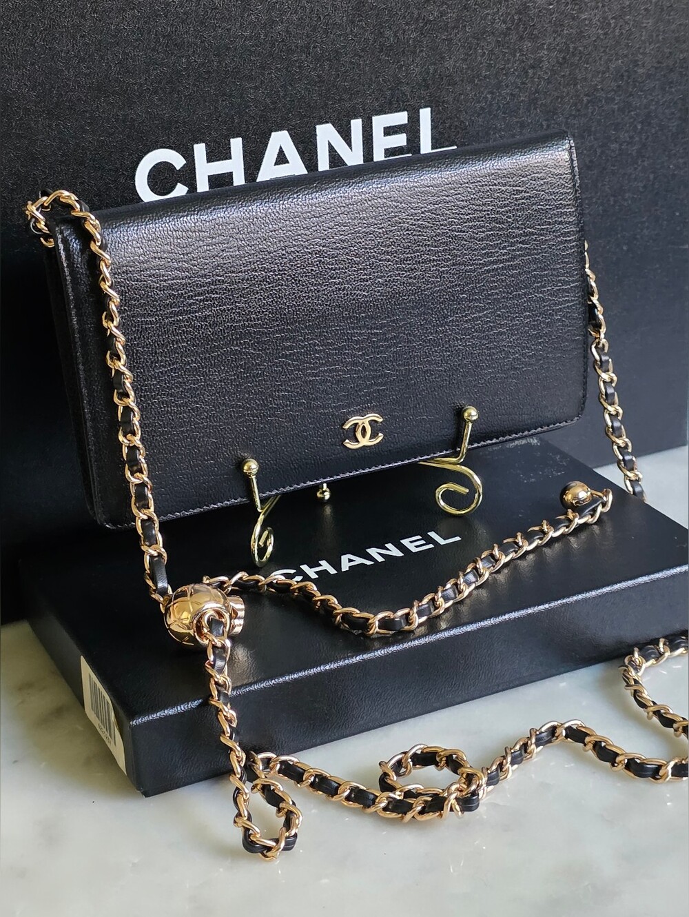 Authentic Chanel Black Leather Wallet W/Black Authenticity Card &Box W/COA